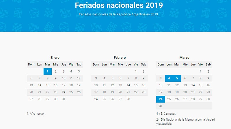 Calendario de feriados 2019: habr 19 das no laborables